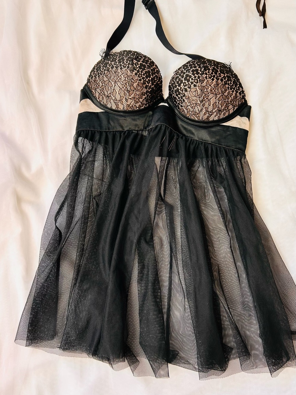 Victoria's Secret Black Lace & Nude Push-Up Babydoll Chemise